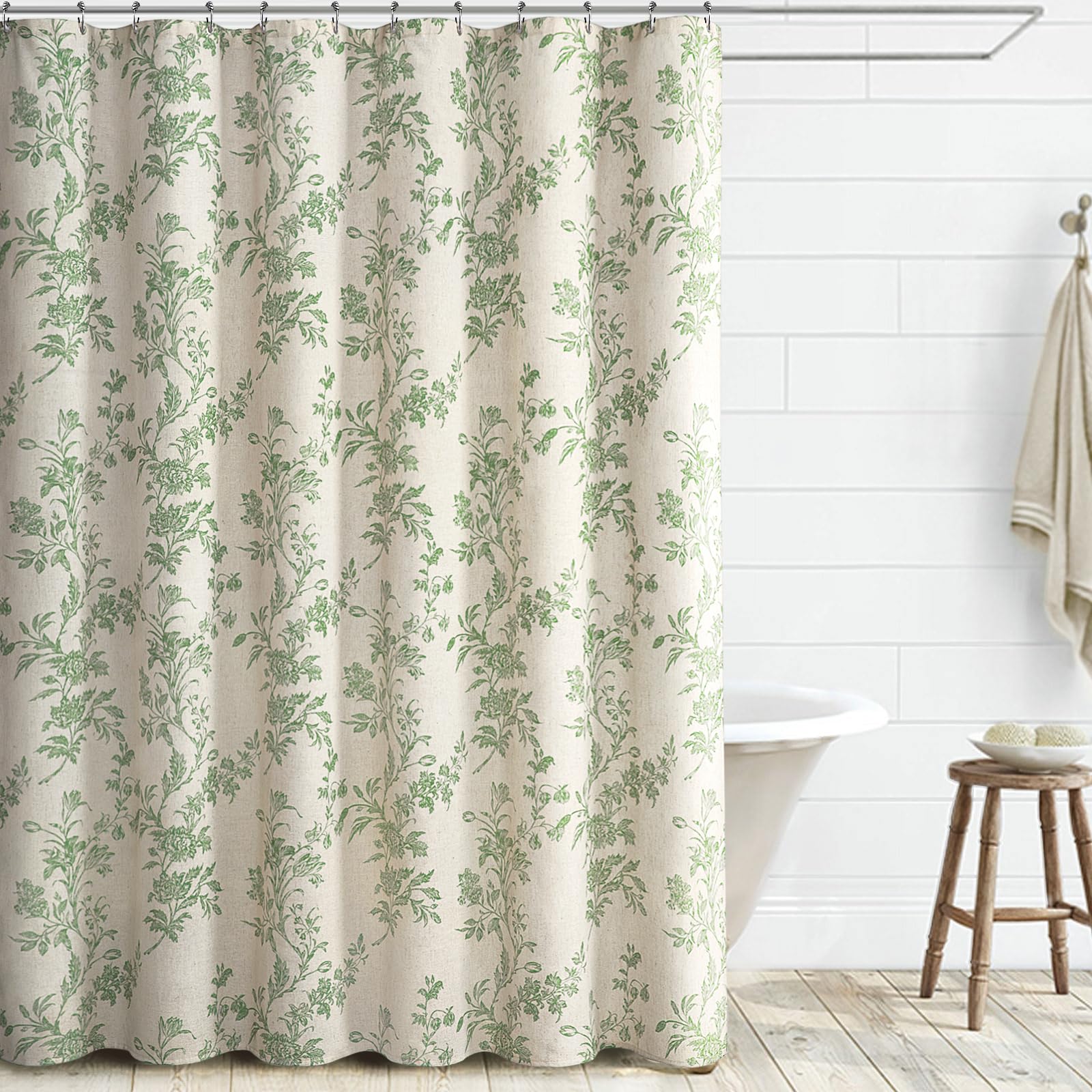 Awellife Beige Linen Shower Curtain,Sage Green Cotton Floral Cottagecore Spring Shower Curtain For Bathroom 72' W X 72' L